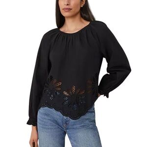 Ann Taylor Weekend Collection Cotton Black Blouse with Floral Cutouts & hem XXL